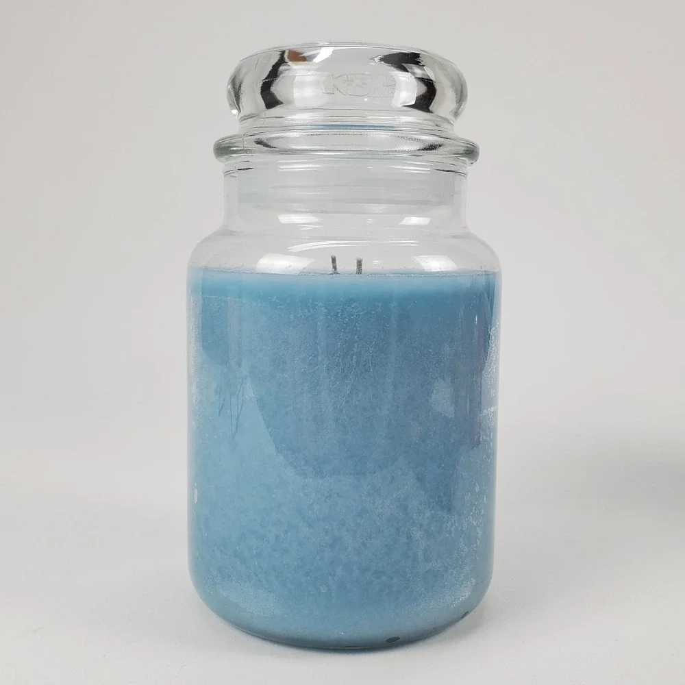 Village Candle Rain Large Glass Apothecary Jar 21.25 oz Dual Wick Blue Candle